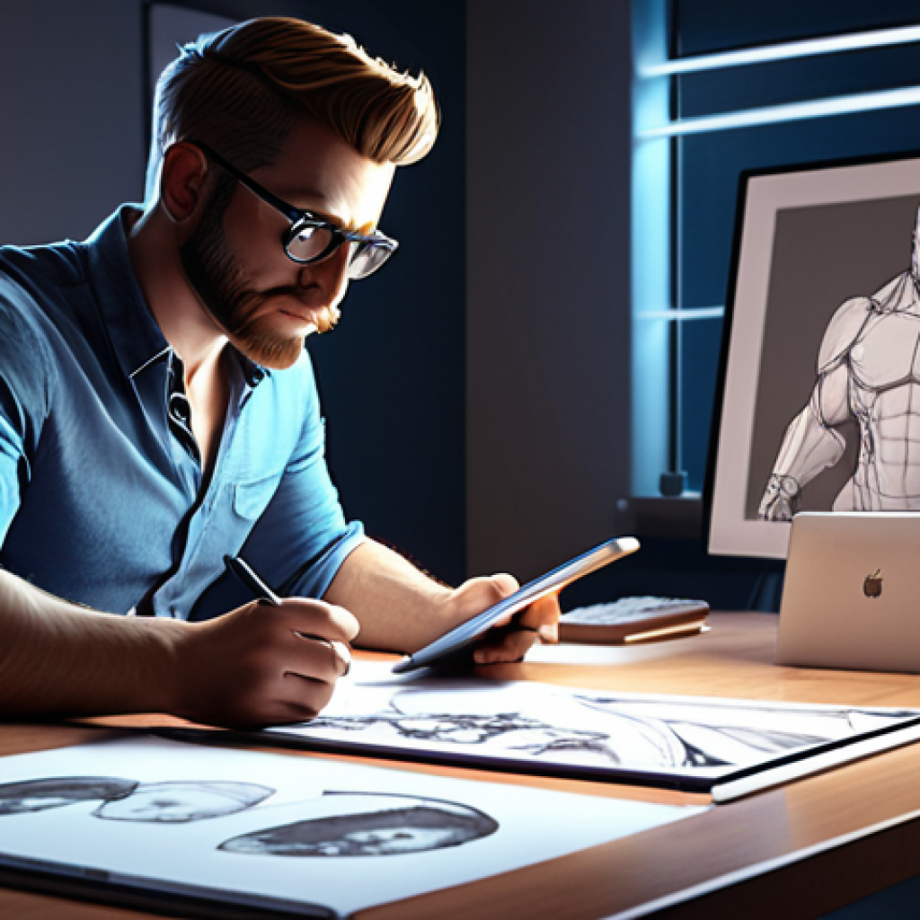 **Game Character Designer:** A skilled game character designer working in a modern office, surrounded by concept art, using a digital tablet. Dynamic lighting, detailed character sketch in the foreground.