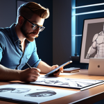 **Game Character Designer:** A skilled game character designer working in a modern office, surrounded by concept art, using a digital tablet. Dynamic lighting, detailed character sketch in the foreground.