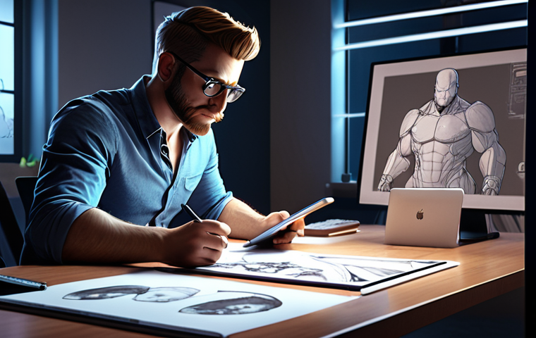 **Game Character Designer:** A skilled game character designer working in a modern office, surrounded by concept art, using a digital tablet. Dynamic lighting, detailed character sketch in the foreground.