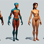 **

A character design portfolio showing a side-by-side comparison. On the left, a poorly designed character with clashing colors, disproportional body, and generic features. On the right, a refined character with a harmonious color palette, balanced proportions based on anatomical understanding, and unique personality traits derived from a well-developed backstory. Show the character on the right engaged in a pose that reflects their personality. The portfolio highlights "Character Design Improvement."

**