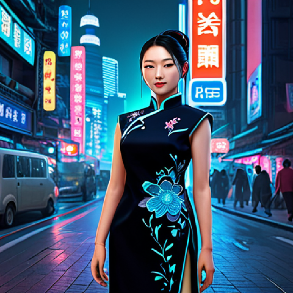 **

A confident female character in a stylish Qipao-inspired outfit, showcasing vibrant embroidery. Background: A bustling cyberpunk Shanghai street scene at night. UI elements: Glowing neon signs integrated into a health bar display above the character. Perfect anatomy, appropriate attire, safe for work, professional, family-friendly, high quality.

**
