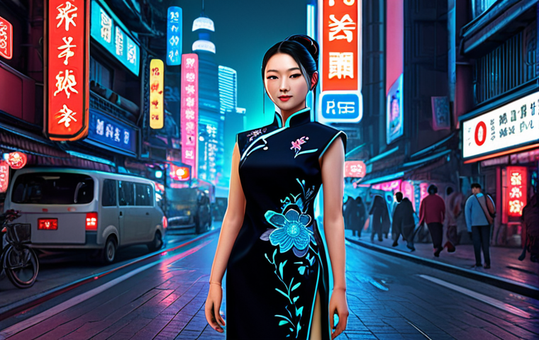 **

A confident female character in a stylish Qipao-inspired outfit, showcasing vibrant embroidery. Background: A bustling cyberpunk Shanghai street scene at night. UI elements: Glowing neon signs integrated into a health bar display above the character. Perfect anatomy, appropriate attire, safe for work, professional, family-friendly, high quality.

**