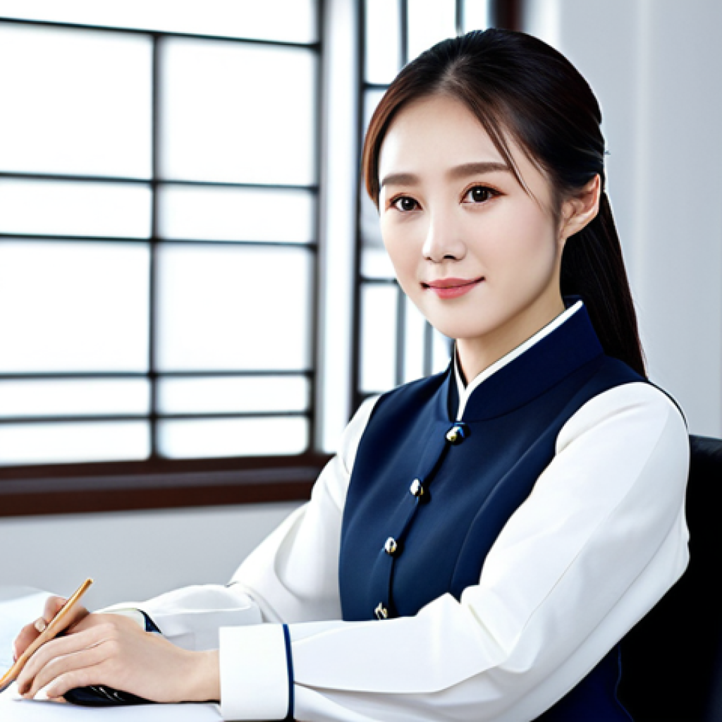 Modern Businesswoman with Cultural Flair**

"A professional Chinese businesswoman in a modest, tailored Hanfu-inspired business suit, sitting at a clean, modern desk in a bright, contemporary office. The suit incorporates subtle traditional Chinese patterns like simplified cloud motifs. Fully clothed, appropriate attire, safe for work, perfect anatomy, natural proportions, professional concept art, high quality, family-friendly."

**