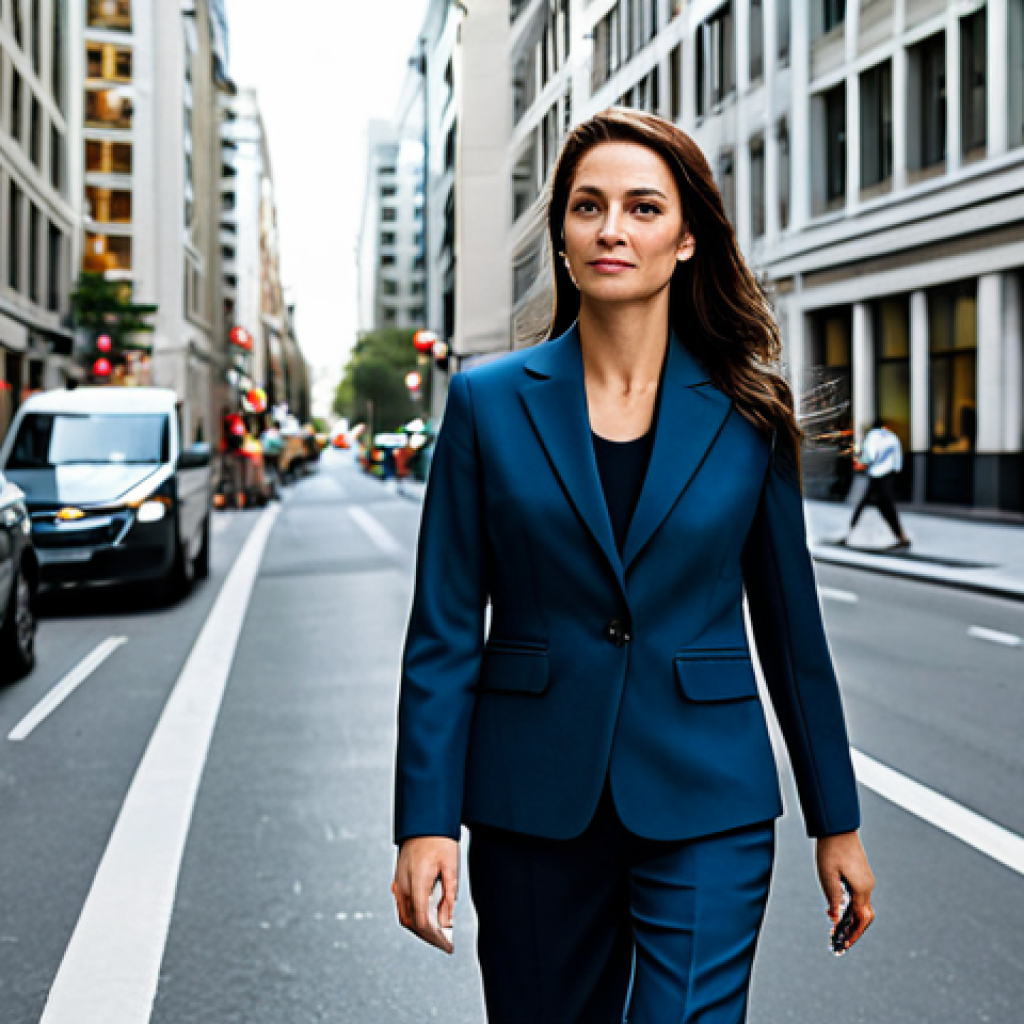 캐릭터디자인 직무에서의 협력 기술 개발 - A professional businesswoman in a modest power suit, walking confidently through a bustling city str...