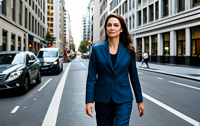 캐릭터디자인 직무에서의 협력 기술 개발 - A professional businesswoman in a modest power suit, walking confidently through a bustling city str...