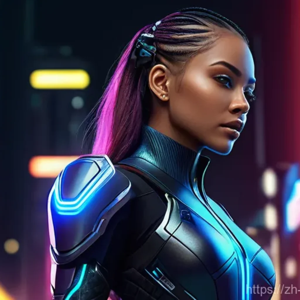 캐릭터디자인 실기 연습 도구 추천 - **Prompt:** A dynamic, cyberpunk-inspired female character, in a full-body action pose. She wears a ...