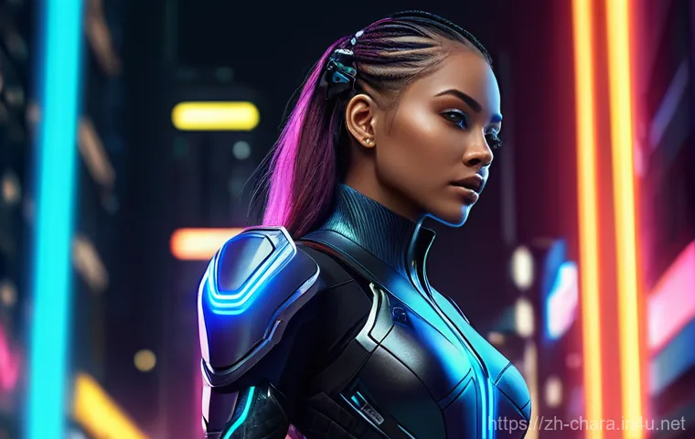 캐릭터디자인 실기 연습 도구 추천 - **Prompt:** A dynamic, cyberpunk-inspired female character, in a full-body action pose. She wears a ...