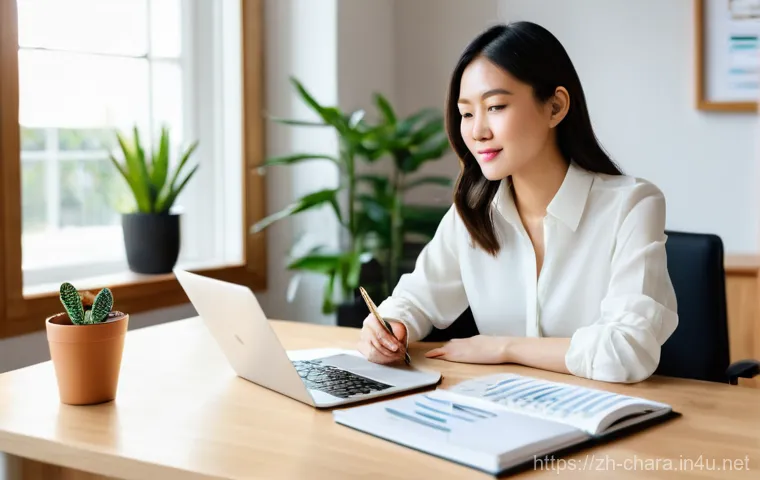 캐릭터디자인 프리랜서 수입 관리법 - **Prompt:** A focused and determined East Asian female freelancer in her late 20s to early 30s, wear...