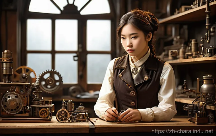 캐릭터디자인 실기 시험 채점 기준 분석 - **Prompt 1: "Steampunk Inventor's Discovery"**
    A young, East Asian female inventor with intellig...