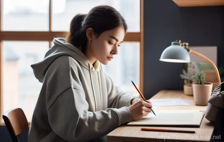 캐릭터디자인 직무의 경력 전환 사례 - **A determined young character designer, a female in her early twenties, is seated at a sleek, minim...