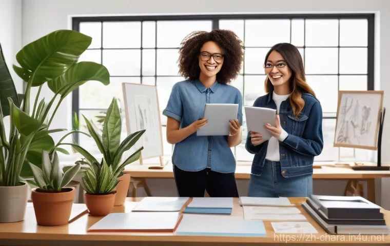 캐릭터디자인 자격증 가산점 활용법 - **Prompt 1:** A vibrant, sun-drenched modern art studio. A diverse group of four character designers...