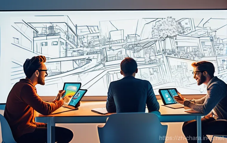 캐릭터디자인 직무에서 성공적인 협업 사례 - **Vibrant Creative Collaboration: Character Concept Brainstorming**
    A dynamic, high-energy scene...