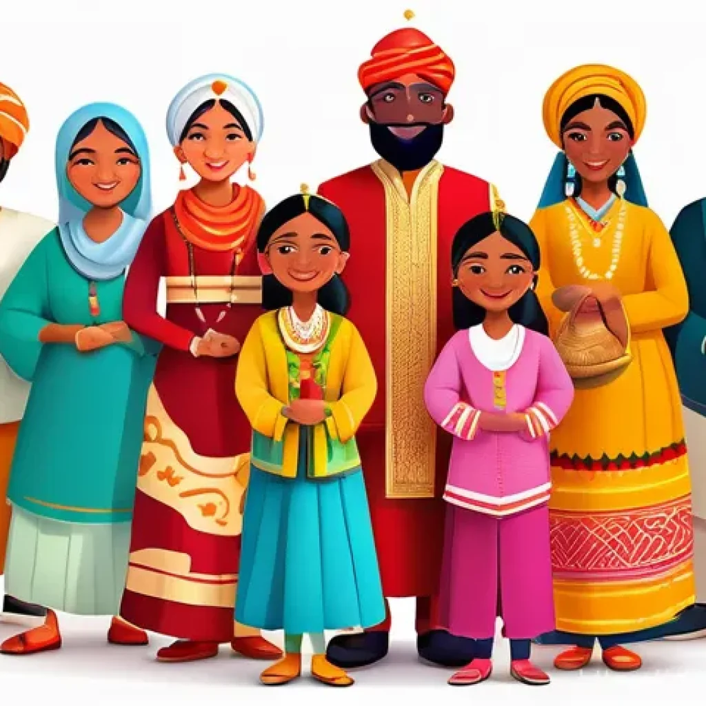 캐릭터디자인에서 윤리적 고려사항 - A vibrant and inclusive ensemble of cartoon characters from various global cultures, standing togeth...