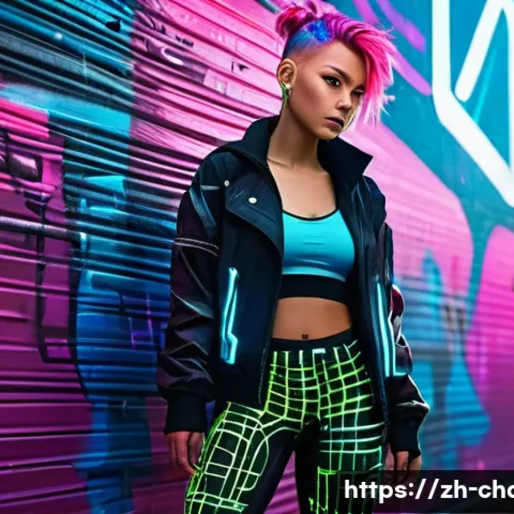 캐릭터디자인 실기 시험 대비를 위한 자료 분석 - **Prompt:** A young, rebellious female hacker stands confidently in a vibrant, neon-drenched cyberpu...