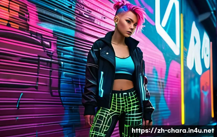 캐릭터디자인 실기 시험 대비를 위한 자료 분석 - **Prompt:** A young, rebellious female hacker stands confidently in a vibrant, neon-drenched cyberpu...