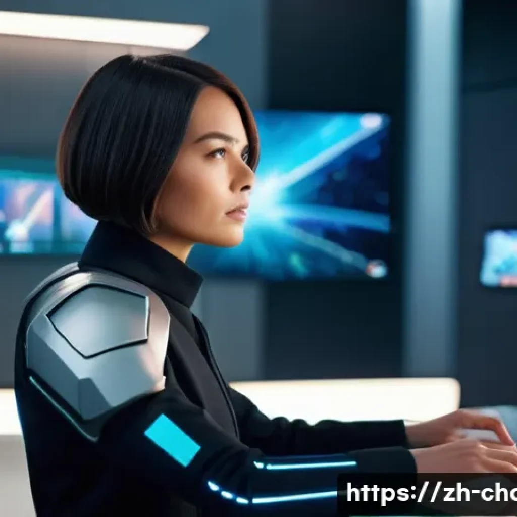 캐릭터디자이너로서의 커뮤니케이션 전략 - A confident female character designer in her late 20s, with a sharp, professional bob haircut, stand...