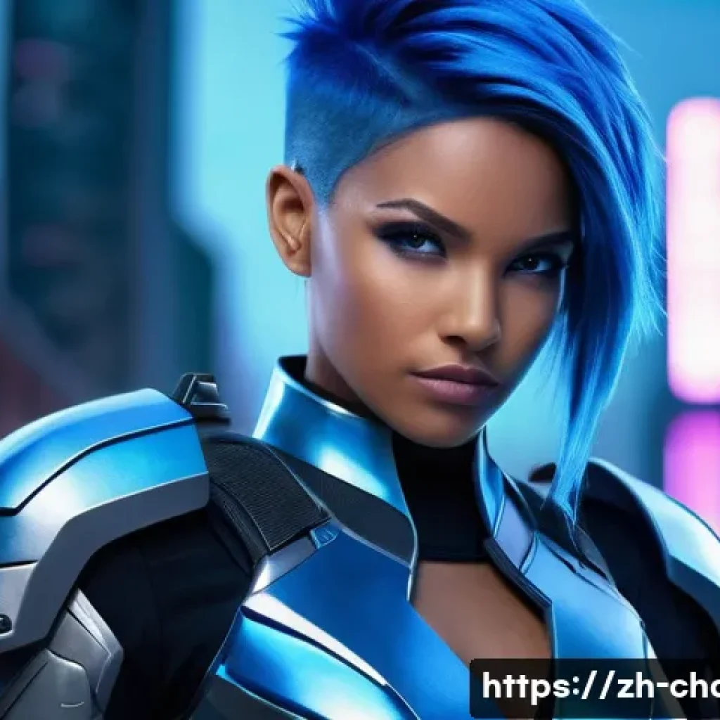 캐릭터디자인 직무에서 자주 쓰는 용어 - A confident young female character with a unique visual focus: vibrant electric blue hair styled in ...