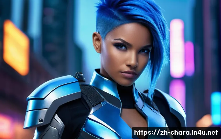 캐릭터디자인 직무에서 자주 쓰는 용어 - A confident young female character with a unique visual focus: vibrant electric blue hair styled in ...