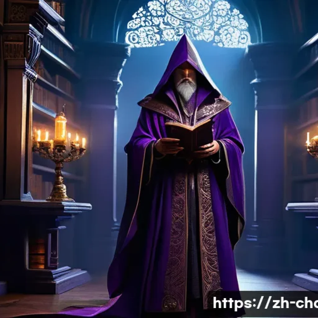 캐릭터디자인 색 조합 연습법 - A mysterious and noble wizard character dressed in flowing robes with rich purple hues and subtle go...
