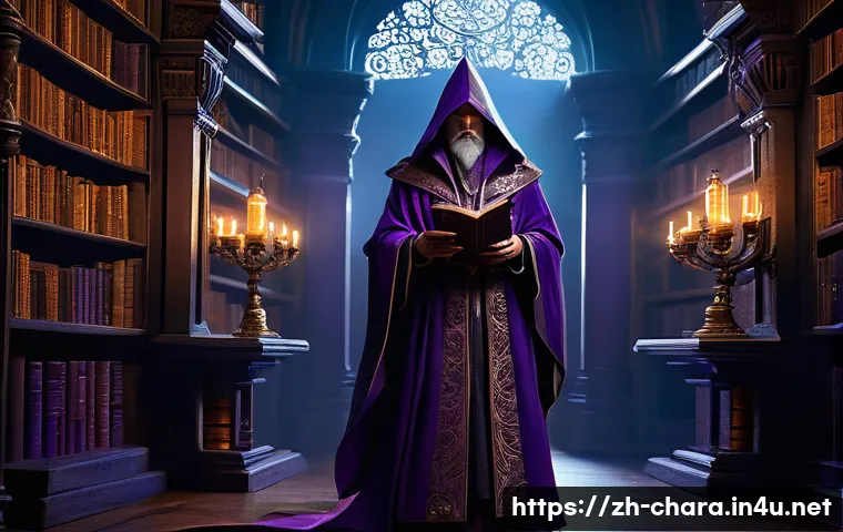 캐릭터디자인 색 조합 연습법 - A mysterious and noble wizard character dressed in flowing robes with rich purple hues and subtle go...