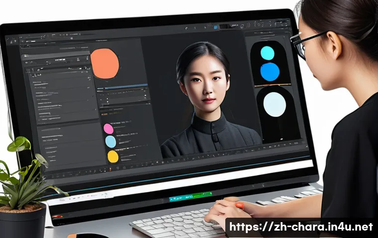 캐릭터디자인 직무에서 시간 효율성 높이기 - A professional character designer&rsquo;s workspace featuring a modern dual-monitor setup: one screen disp...