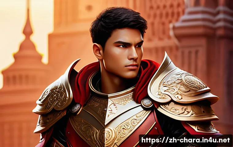 캐릭터디자인 자격증 필기 시험 실전 대비 - A dynamic character design scene featuring a confident young warrior wearing detailed, stylish armor...