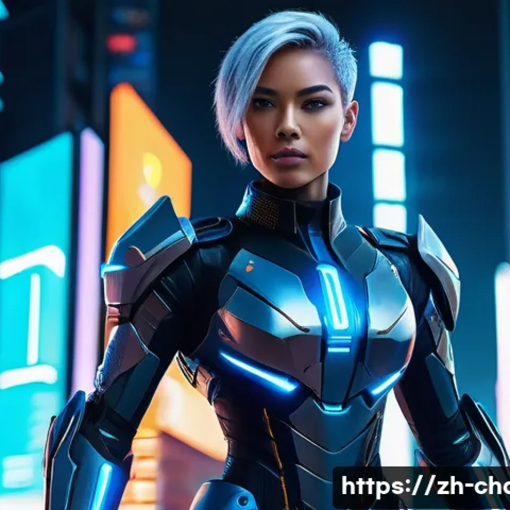 캐릭터디자인 직무에서 성공적인 커리어 전환 사례 - A futuristic sci-fi female character design featuring sleek, form-fitting high-tech armor with glowi...