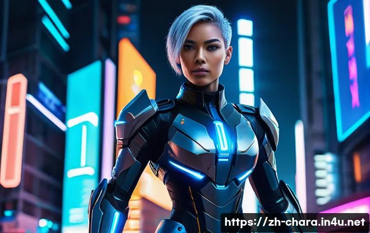 캐릭터디자인 직무에서 성공적인 커리어 전환 사례 - A futuristic sci-fi female character design featuring sleek, form-fitting high-tech armor with glowi...