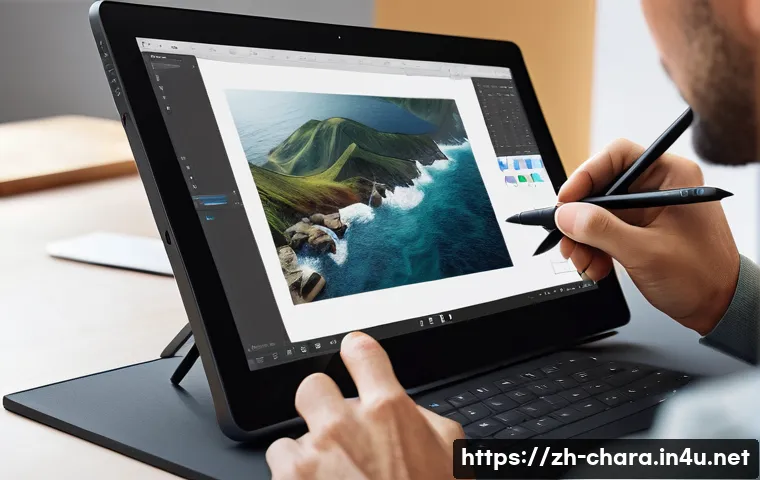 캐릭터디자인 직무의 주요 작업 도구 활용법 - A professional digital artist workspace featuring a Wacom Intuos Pro drawing tablet with a medium-si...