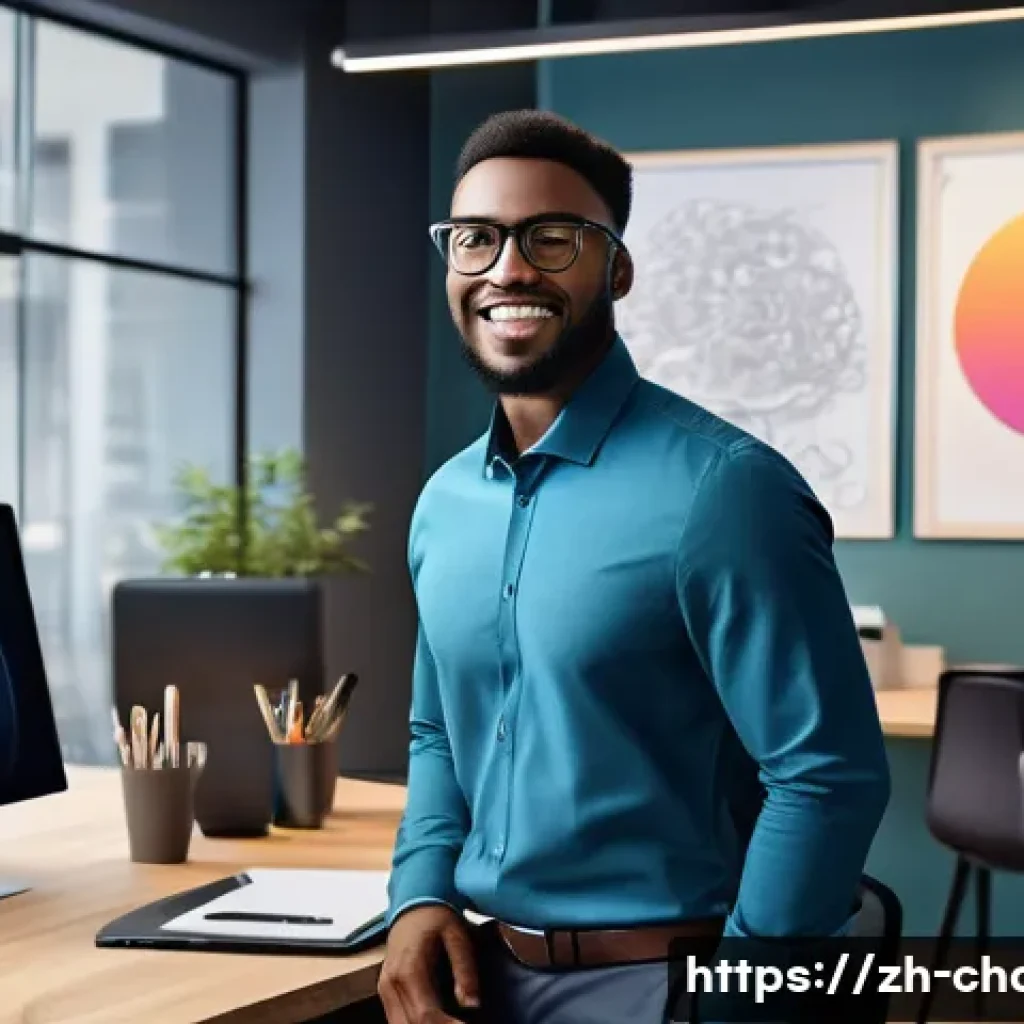 캐릭터디자인 자격증 취득 후 커리어 기회 - A confident young professional character designer in a modern office environment, wearing stylish bu...