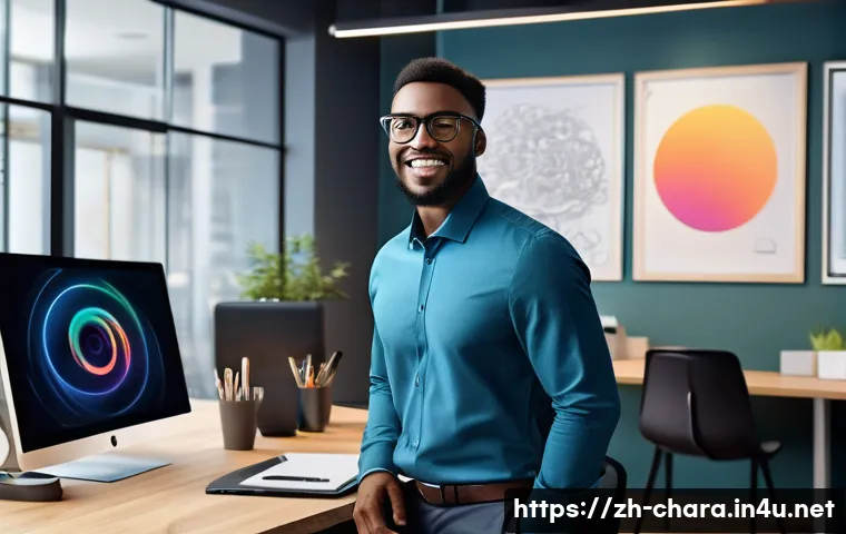 캐릭터디자인 자격증 취득 후 커리어 기회 - A confident young professional character designer in a modern office environment, wearing stylish bu...