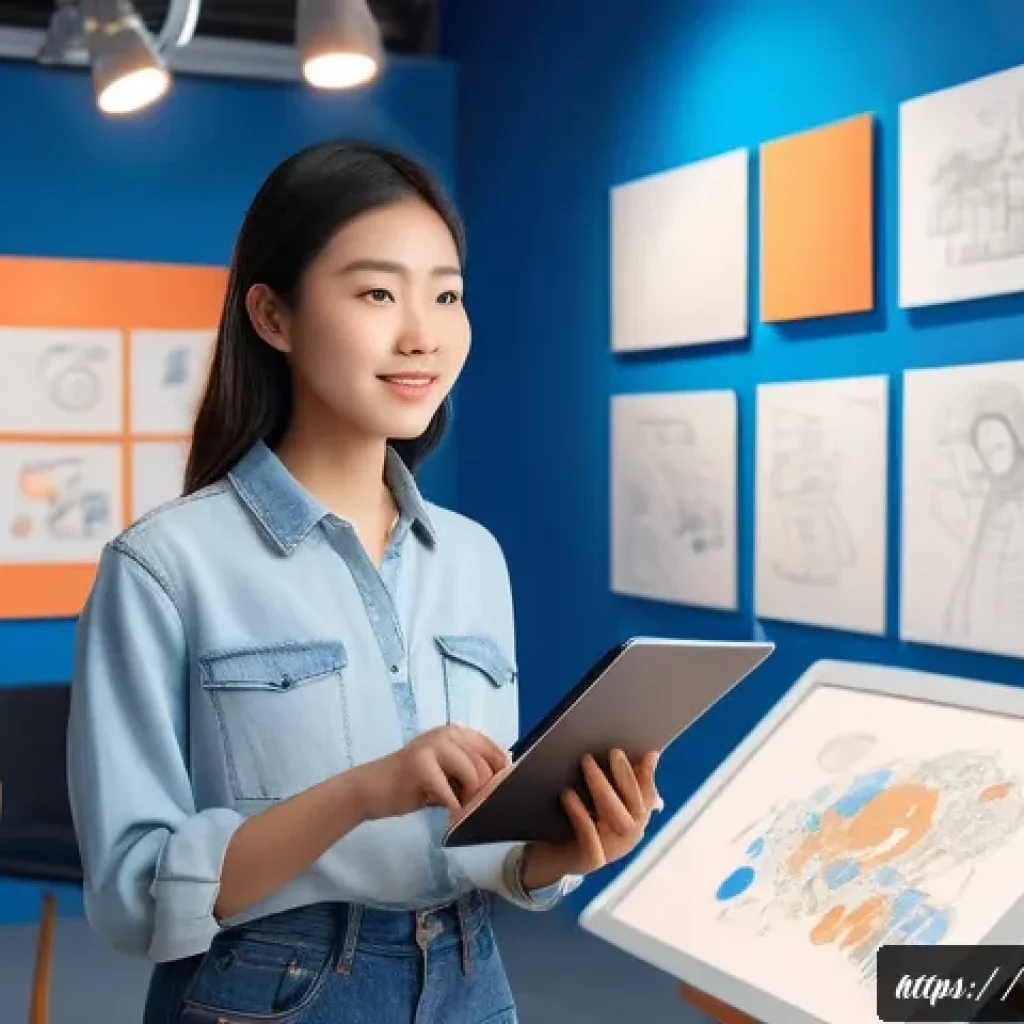 캐릭터디자인 자격증과 취업 연계 프로그램 - A confident young female character designer standing in a modern art studio, wearing stylish casual ...
