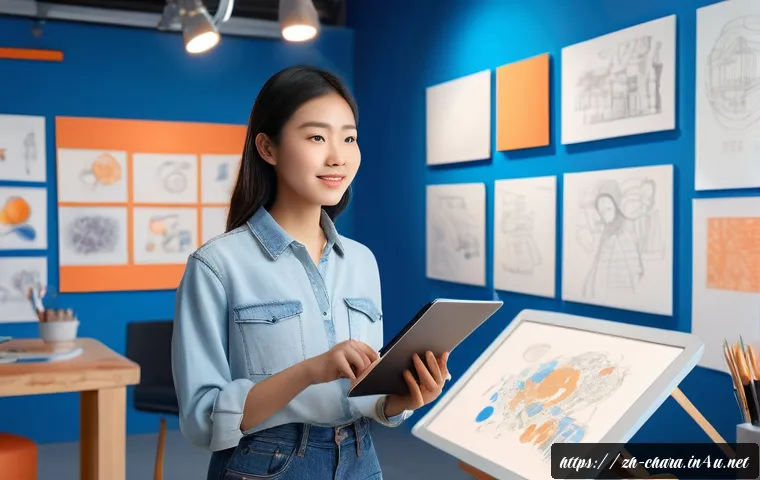 캐릭터디자인 자격증과 취업 연계 프로그램 - A confident young female character designer standing in a modern art studio, wearing stylish casual ...