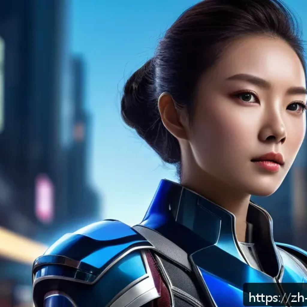 캐릭터디자인 실기 시험 주요 팁 - A dynamic futuristic female character wearing sleek metallic armor with sci-fi elements, emphasizing...
