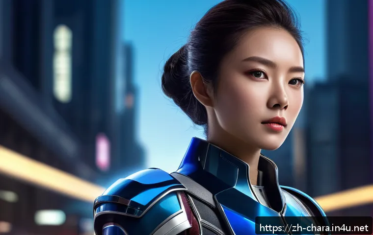 캐릭터디자인 실기 시험 주요 팁 - A dynamic futuristic female character wearing sleek metallic armor with sci-fi elements, emphasizing...