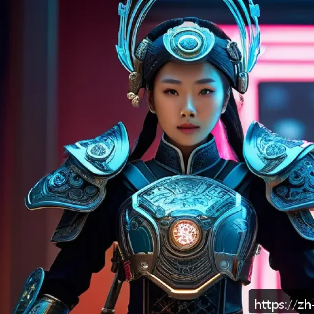 캐릭터디자인 직무에서의 창의적 문제 해결 사례 - A futuristic female warrior character blending Qing dynasty traditional clothing details with advanc...