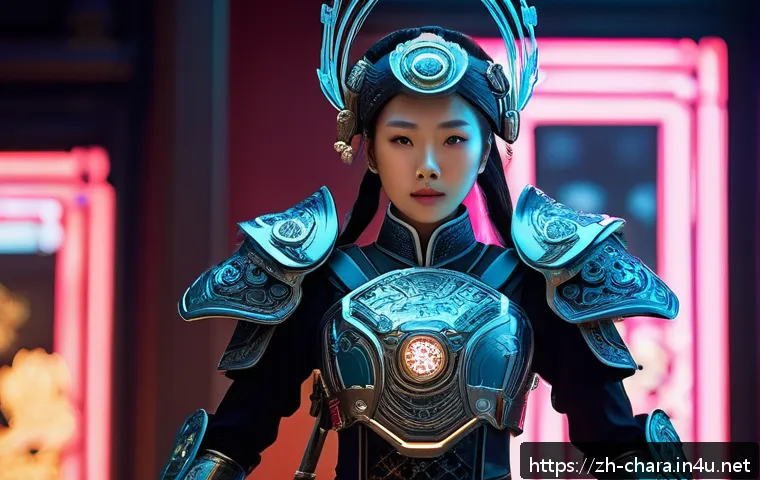 캐릭터디자인 직무에서의 창의적 문제 해결 사례 - A futuristic female warrior character blending Qing dynasty traditional clothing details with advanc...