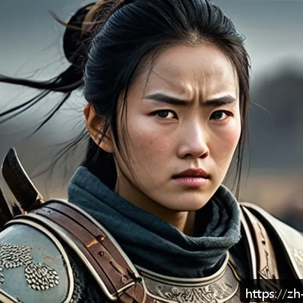 캐릭터디자인에서의 비주얼 스토리텔링 - A resilient female warrior character standing confidently in a battle-worn outfit with subtle tears ...