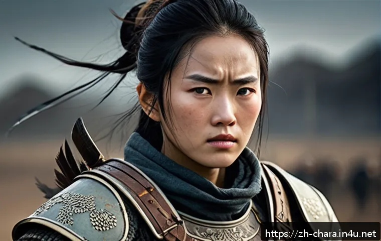 캐릭터디자인에서의 비주얼 스토리텔링 - A resilient female warrior character standing confidently in a battle-worn outfit with subtle tears ...