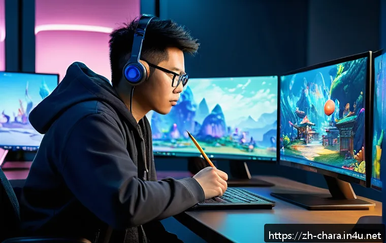 캐릭터디자인 자격증 취득 후 진로 선택 방법 - A professional character designer at work in a modern game development studio, surrounded by dual mo...