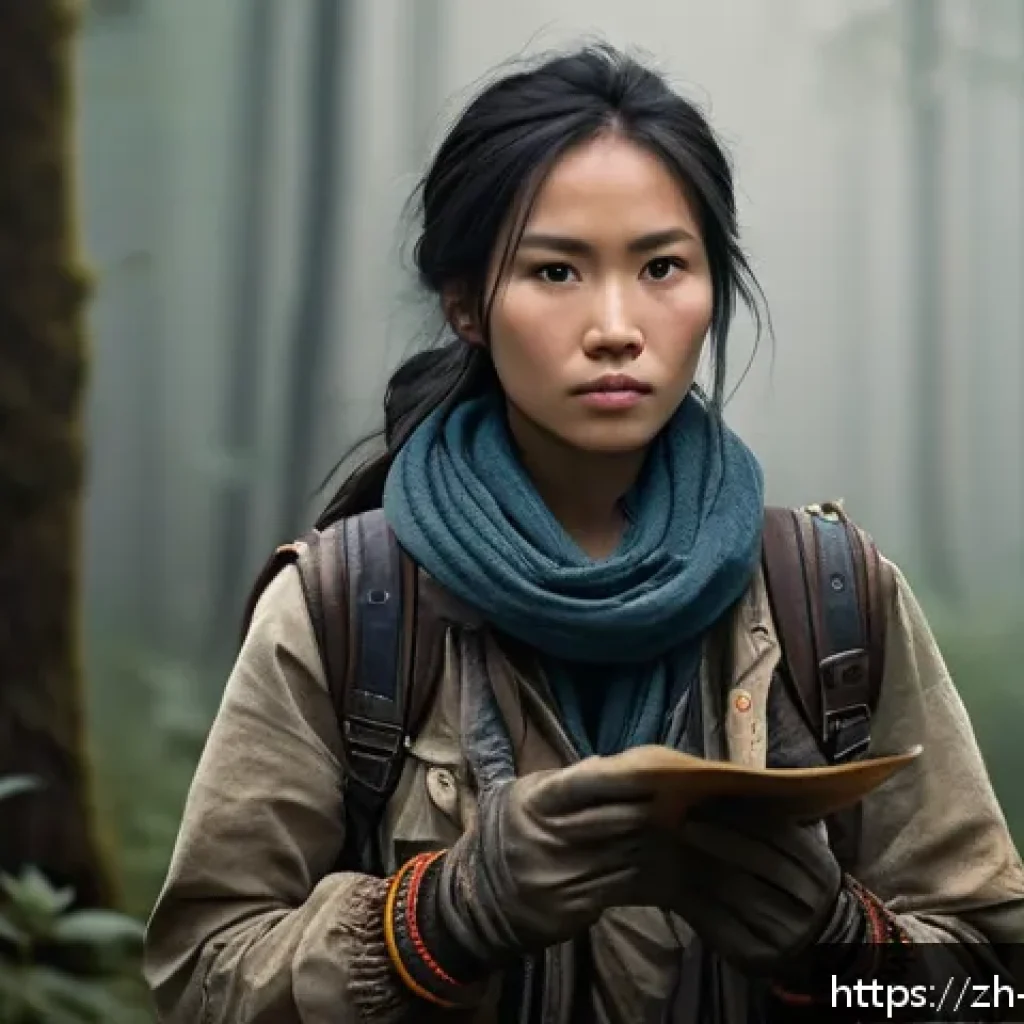 캐릭터디자이너로서 전문성을 키우는 법 - A thoughtful young female adventurer wearing rugged, patched-up clothing with visible dirt stains, l...