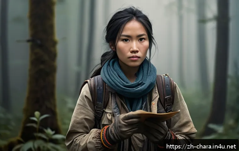 캐릭터디자이너로서 전문성을 키우는 법 - A thoughtful young female adventurer wearing rugged, patched-up clothing with visible dirt stains, l...