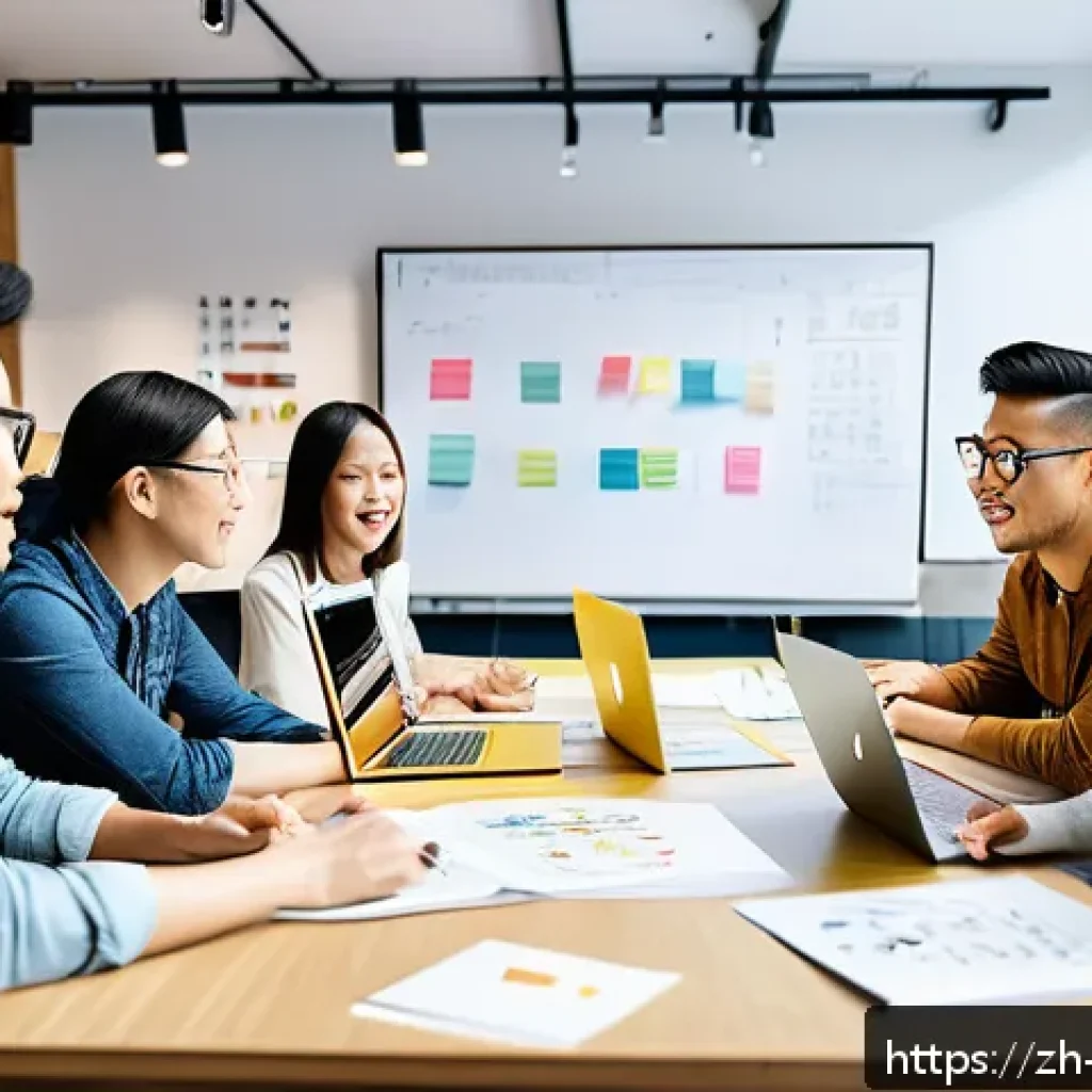 캐릭터디자인 직무에서의 성과 관리 방법 - A modern creative team brainstorming session in a bright, open office space with diverse young profe...