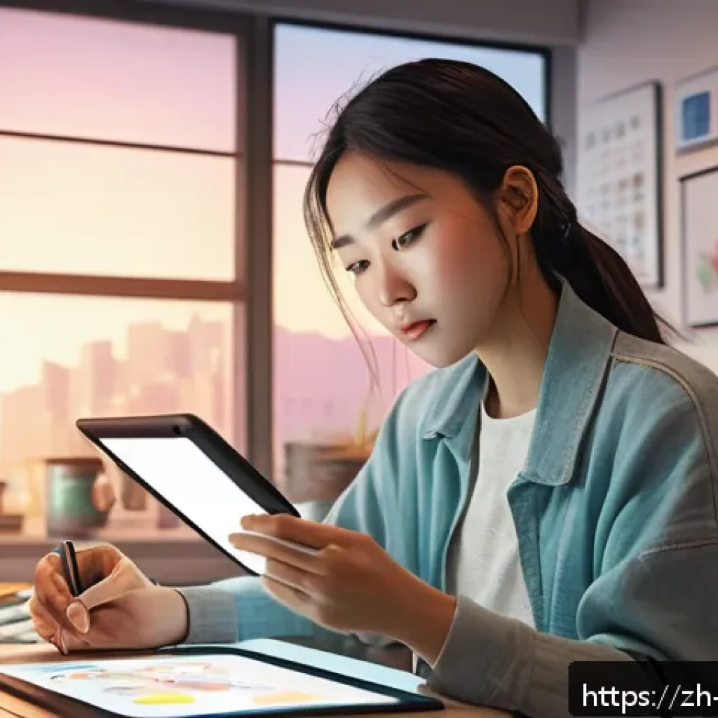 캐릭터디자인 인턴십 경험 공유 - A dynamic character design scene featuring a young female artist in casual attire practicing digital...