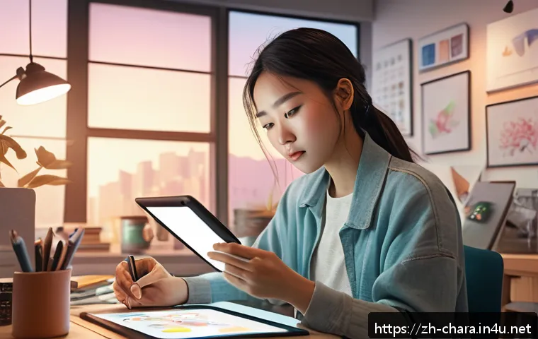 캐릭터디자인 인턴십 경험 공유 - A dynamic character design scene featuring a young female artist in casual attire practicing digital...
