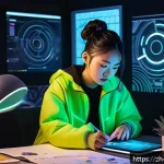 캐릭터디자인 자격증 필기와 실기 준비 방법 - A dynamic character design scene featuring a young adult female artist in a modern studio, surrounde...