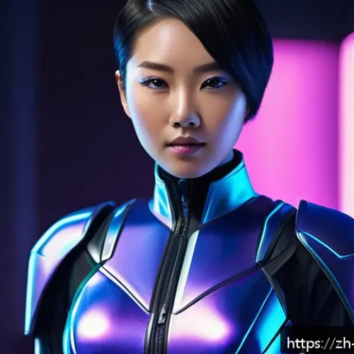 캐릭터디자인 실기 시험의 주요 채점 항목 - A futuristic sci-fi young woman standing confidently in a sleek metallic outfit with sharp, angular ...