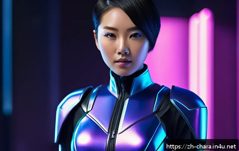 캐릭터디자인 실기 시험의 주요 채점 항목 - A futuristic sci-fi young woman standing confidently in a sleek metallic outfit with sharp, angular ...