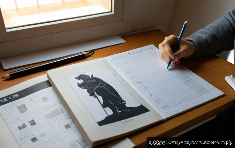 캐릭터디자인 자격증 필기 시험 대비 교재 추천 - Photorealistic overhead study desk scene for a character design written certification exam, an adult...