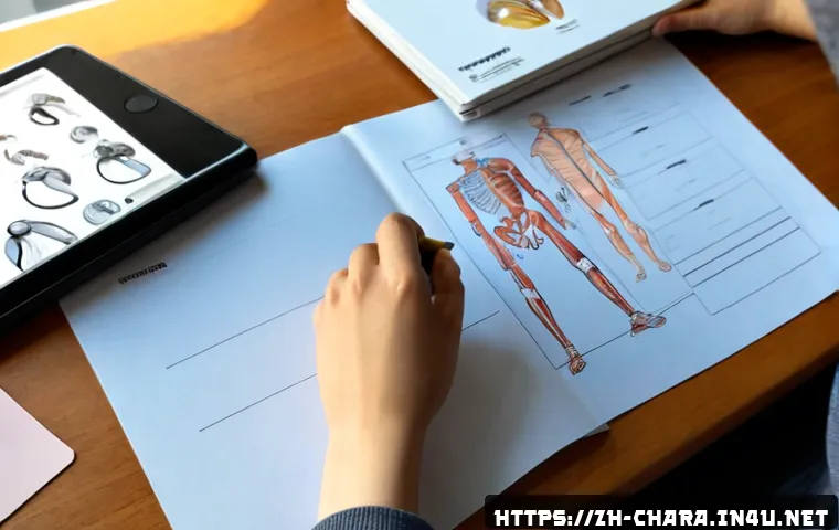 캐릭터디자인 자격증 필기 시험 준비 전략 - Photorealistic overhead view of a focused young adult preparing for a character design certification...